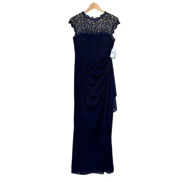 NWT Alex Evenings Draped Evening Dress in Navy w/ Metallic Lace Cut-Out Size 6 - Picture 3 of 10